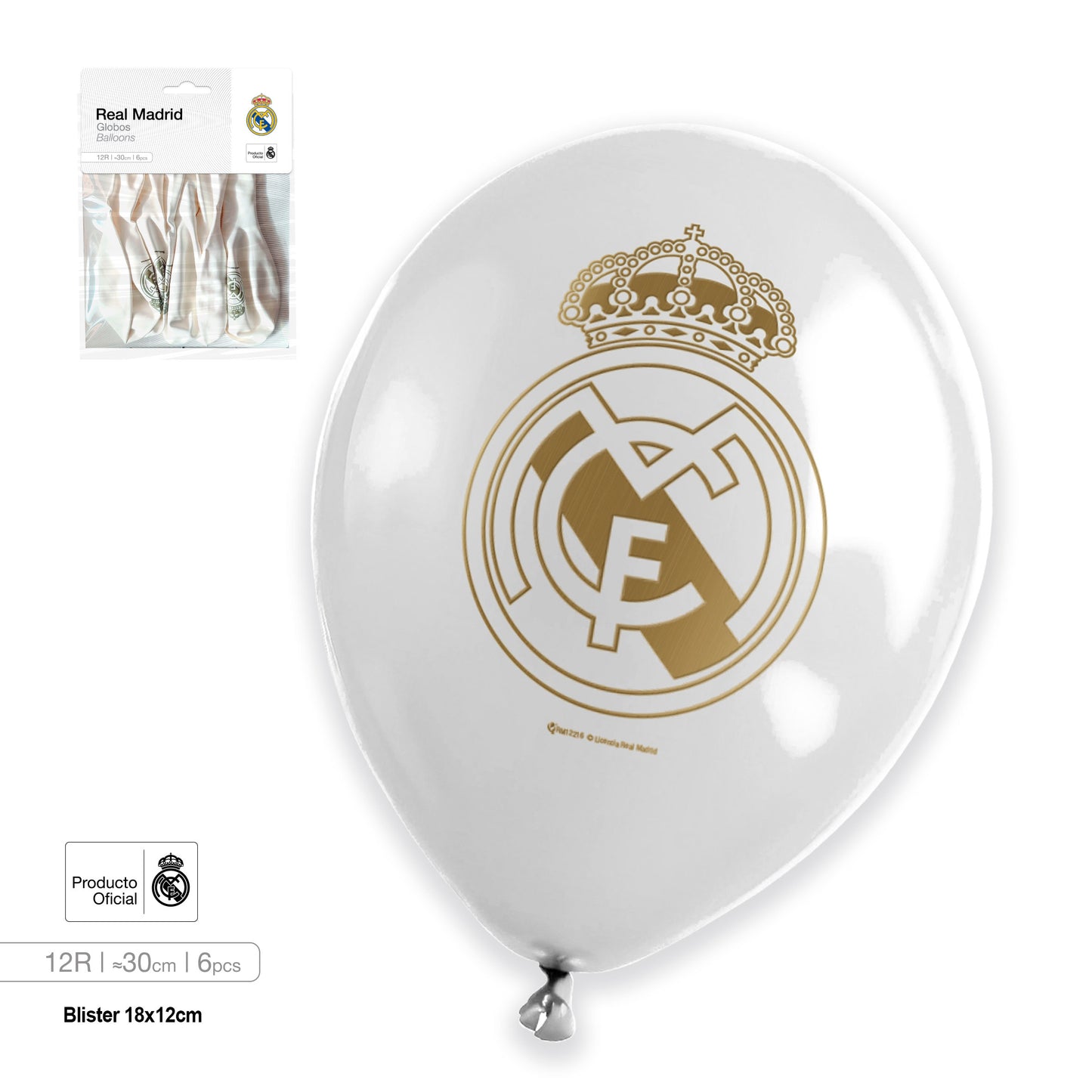RM GLOBO LATEX BLANCO ESCUDO ORO IMPRESO 12R 6pcs