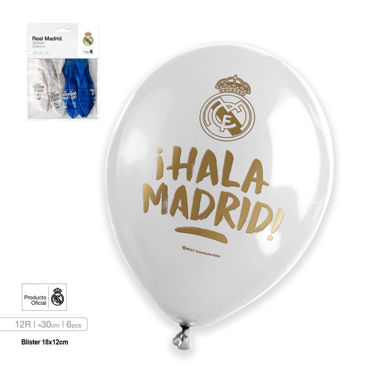 RM GLOBO LATEX BLANCO Y AZUL HALA MADRID IMPRESO 12R 6pcs
