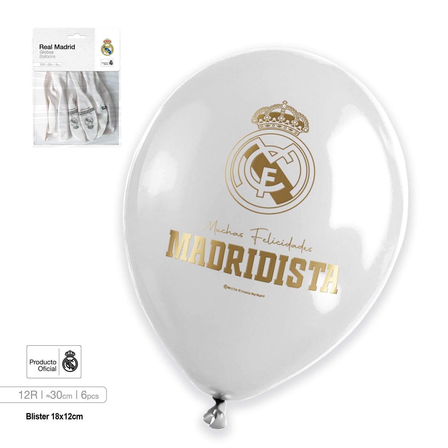 RM GLOBO LATEX BLANCO FELICIDADES MADRIDISTA IMPRESO 12R 6pcs