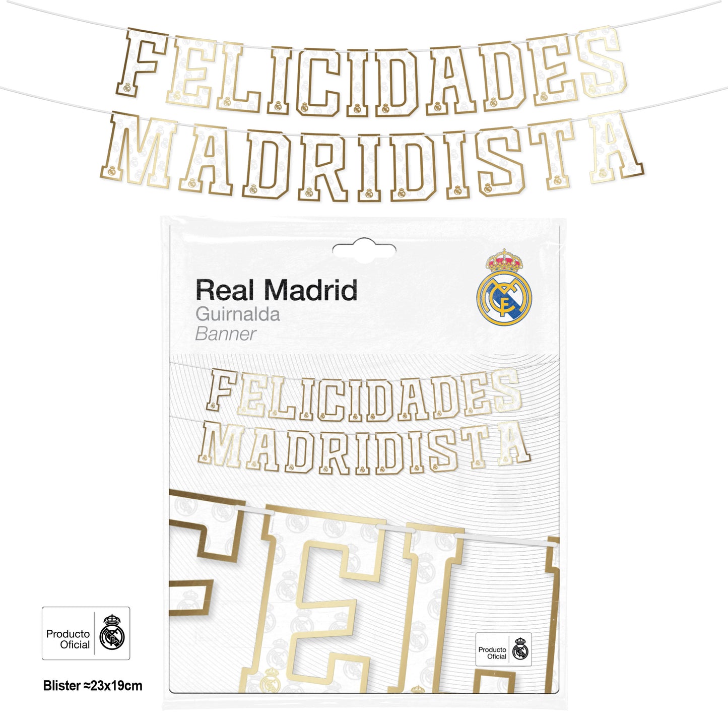 REAL MADRID GUIRNALDA LETRAS FELICIDADES MADRIDISTA BORDE DORADO 21pcs