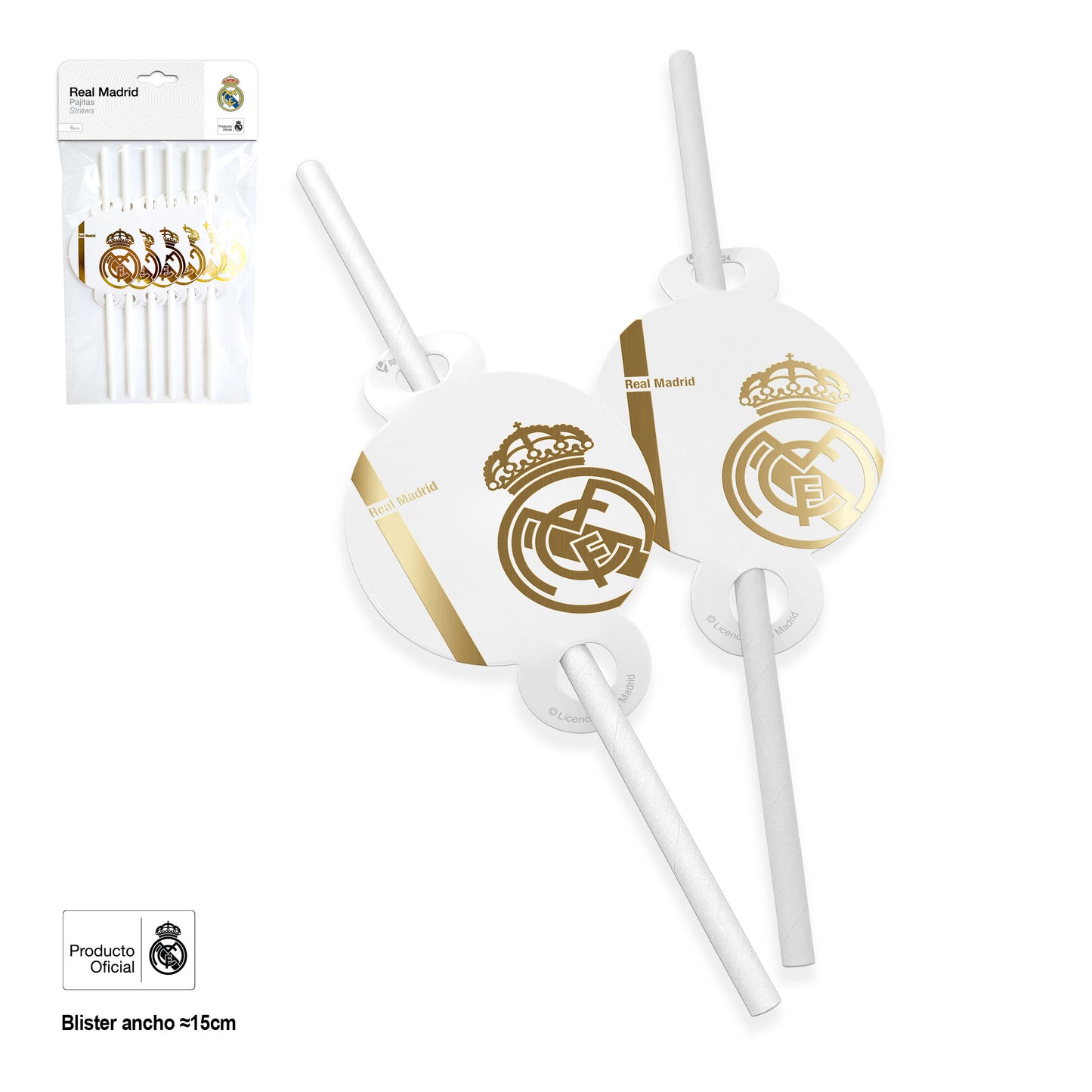 REAL MADRID PAJITAS BLANCAS LINEAS Y ESCUDO DORADO 4pcs