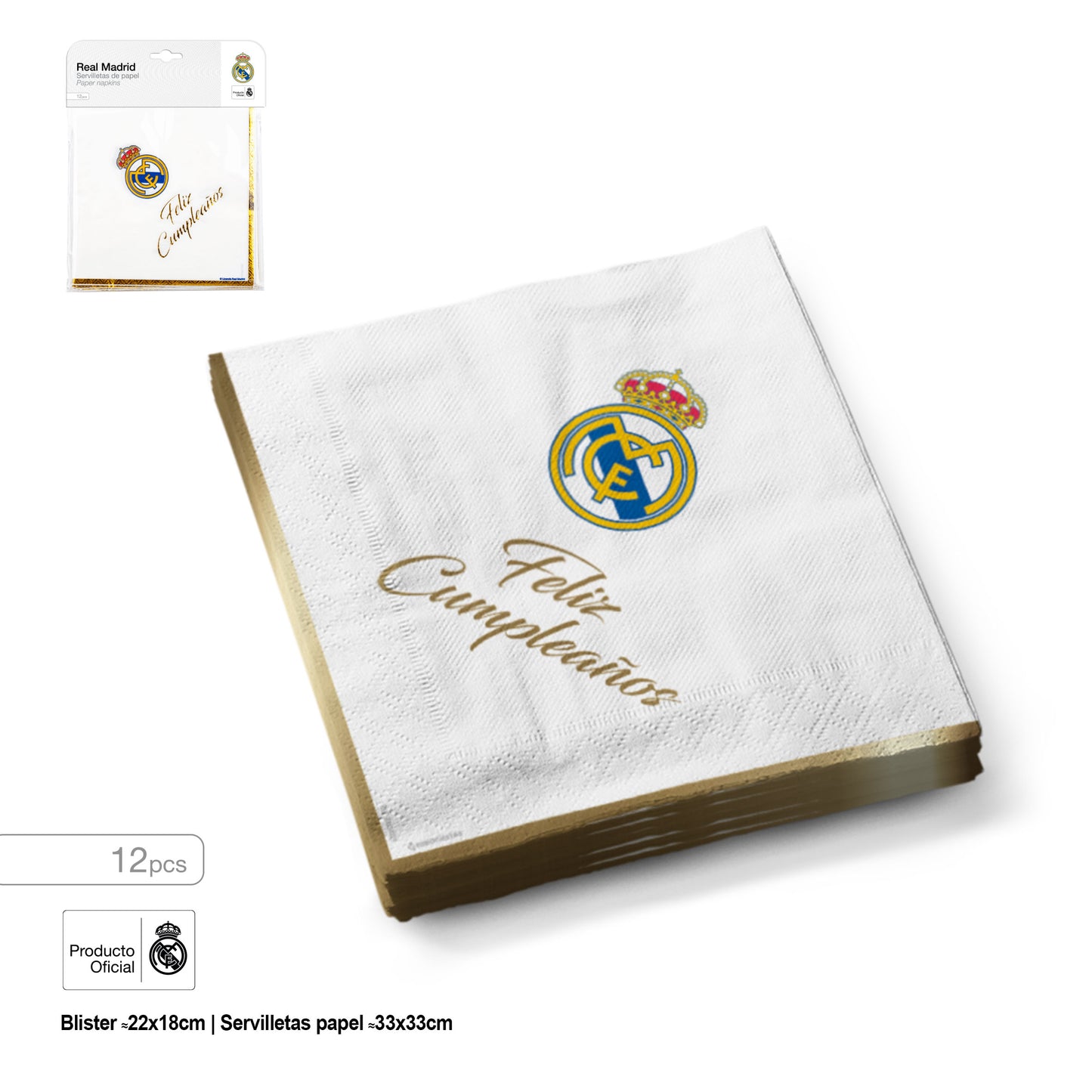 REAL MADRID SERVILLETA FELIZ CUMPLEAÑOS DORADO 12pcs