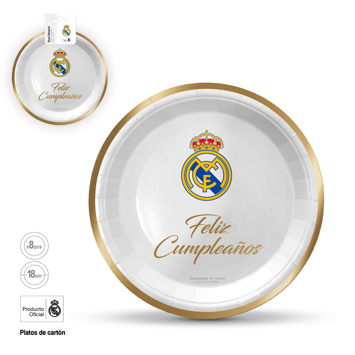 REAL MADRID PLATO FELIZ CUMPLEAÑOS DORADO 18cm 8pcs