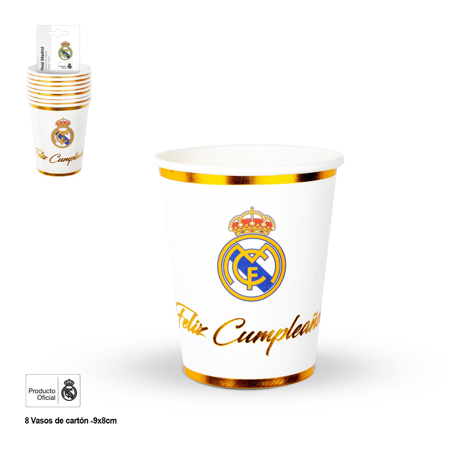 REAL MADRID VASO FELIZ CUMPLEANOS DORADO 8pcs