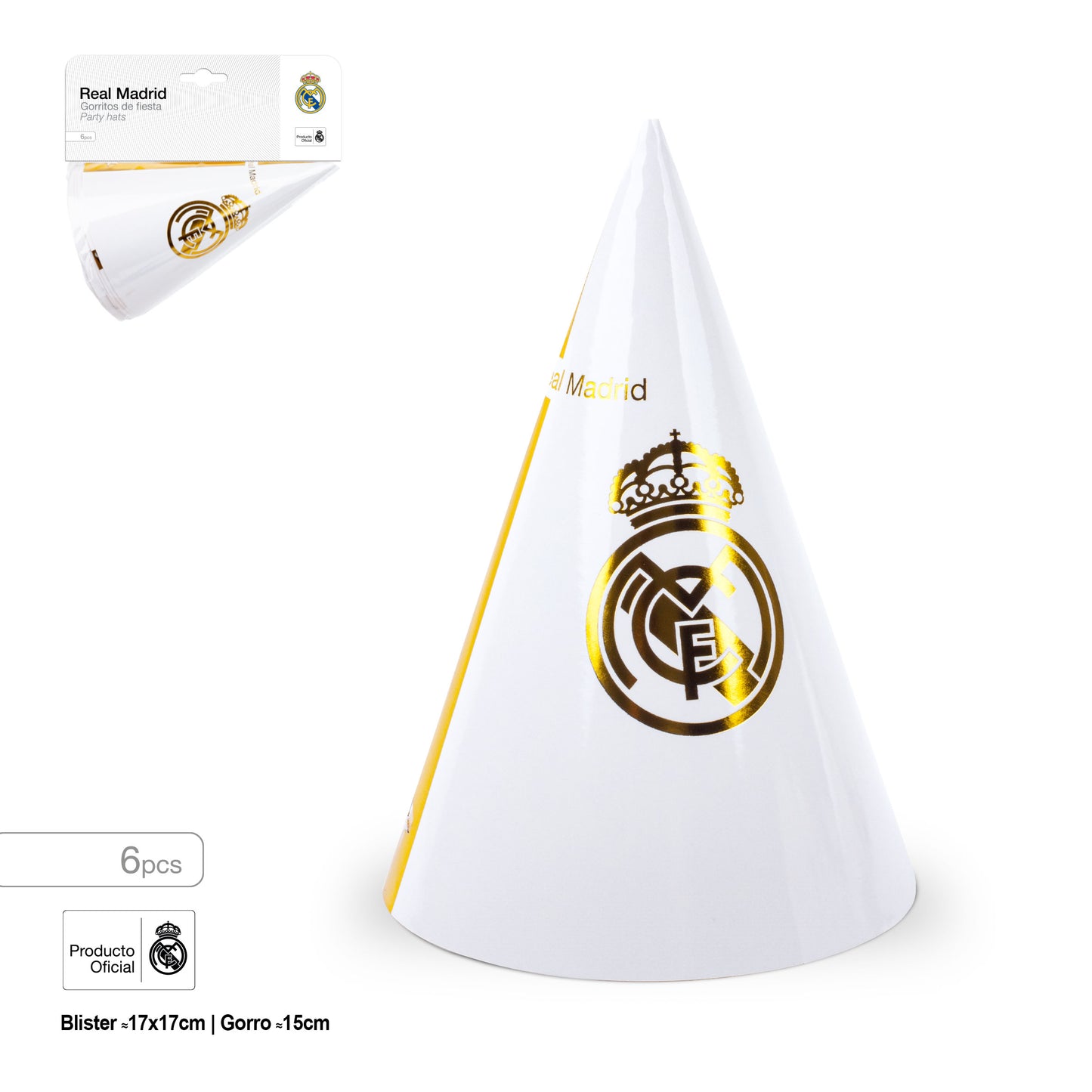 REAL MADRID GORRO DE FIESTA LINEAS Y ESCUDO DORADO 15cm