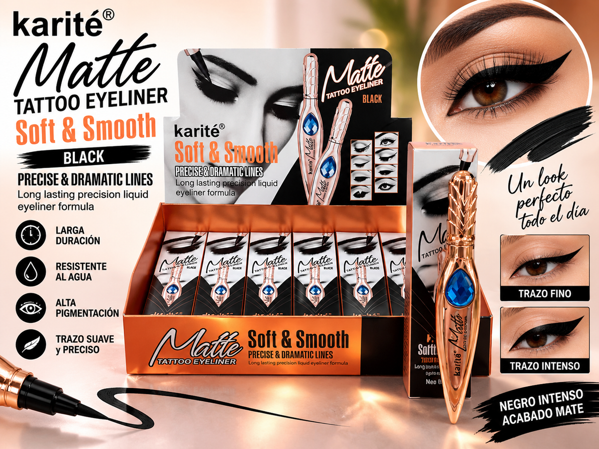 Karite Matte Tattoo Eyeliner Soft & Smooth Negro Fórmula Líquida Precisa y Dramática para Líneas de Ojos