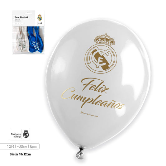 RM GLOBO LATEX BLANCO Y AZUL FELIZ CUMPLEAÑOS IMPRESO 12R 6pcs