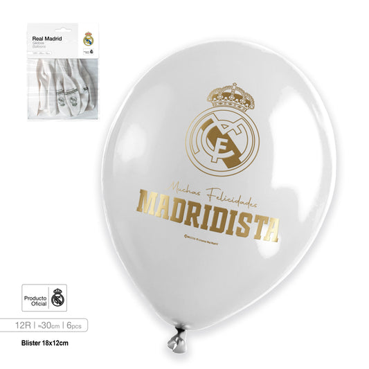 RM GLOBO LATEX BLANCO FELICIDADES MADRIDISTA IMPRESO 12R 6pcs
