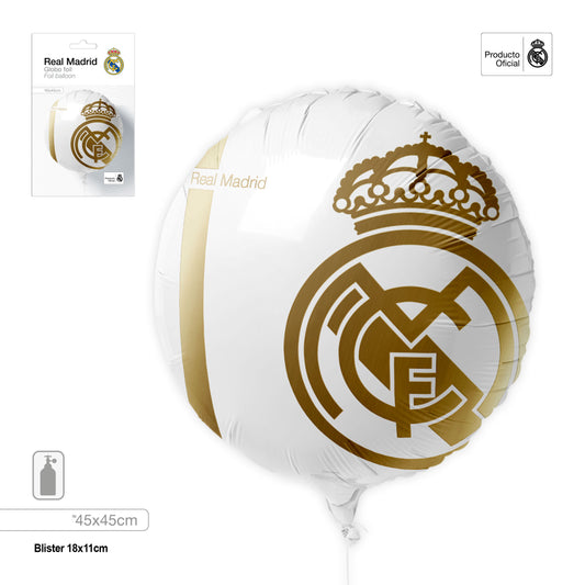 REAL MADRID GLOBO FOIL REDONDO LINEAS Y ESCUDO DORADO 45cm