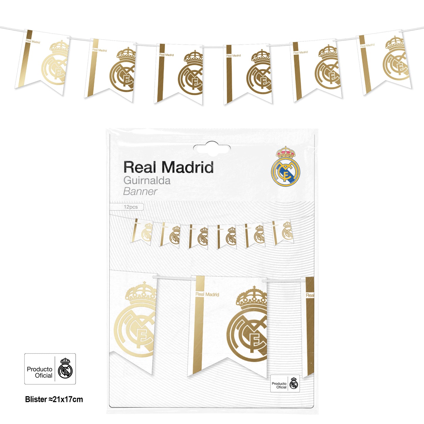 REAL MADRID GUIRNALDA BANDERIN LINEAS Y ESCUDO DORADO 12pcs