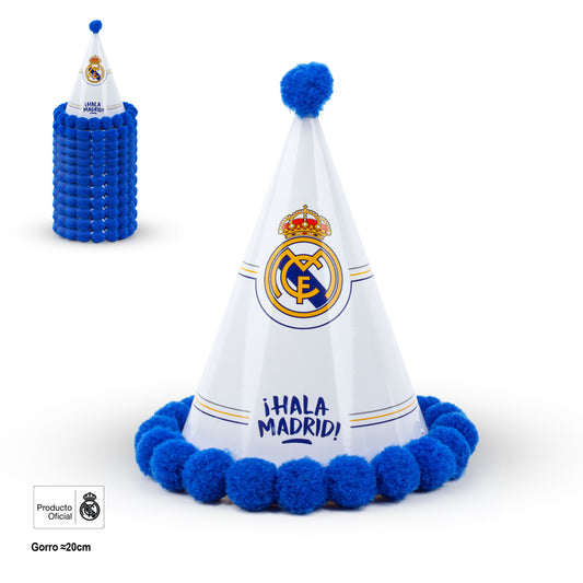 REAL MADRID GORRO DE FIESTA CON POMPONES ESCUDO HALA MADRID 20cm
