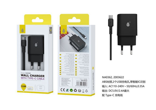 CARGADOR CON CABLE TYPE-C 2USB 2.4A