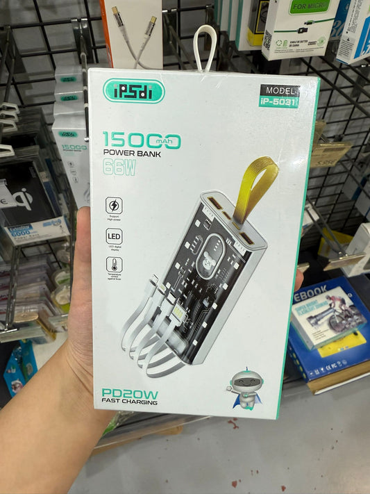 POWERBANK / CARGADOR PORTÁTIL 15000MAH 4IN1 CON CABLE INCORPORADO