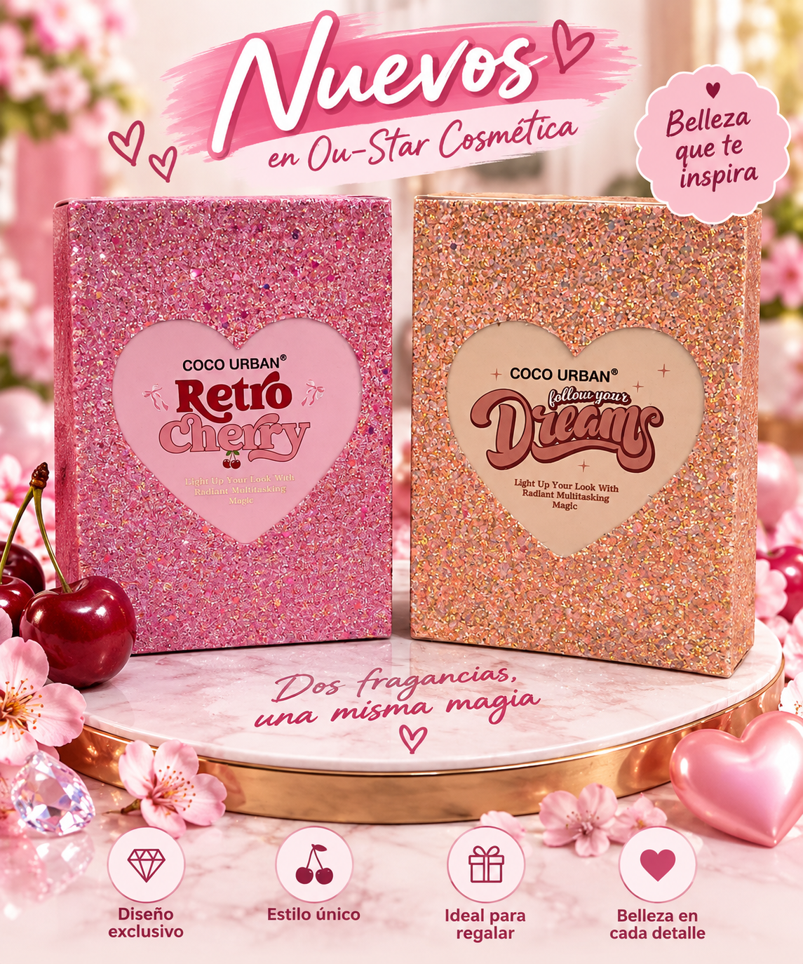 Pack Maquillaje 5 Páginas Coco Urban Retro Cherry y Follow Your Dreams Fragancias Exclusivas para Regalar Belleza en Cada Detalle