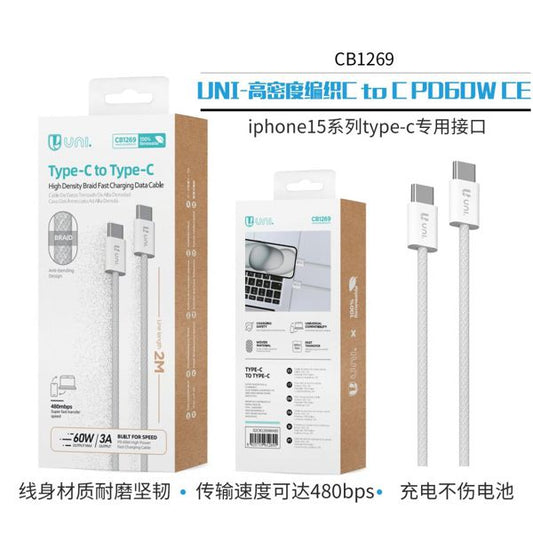 CABLE TYPE-C A TYPE-C 60W 3A 2M CARGA RÁPIDA Y CABLE TRENZADO