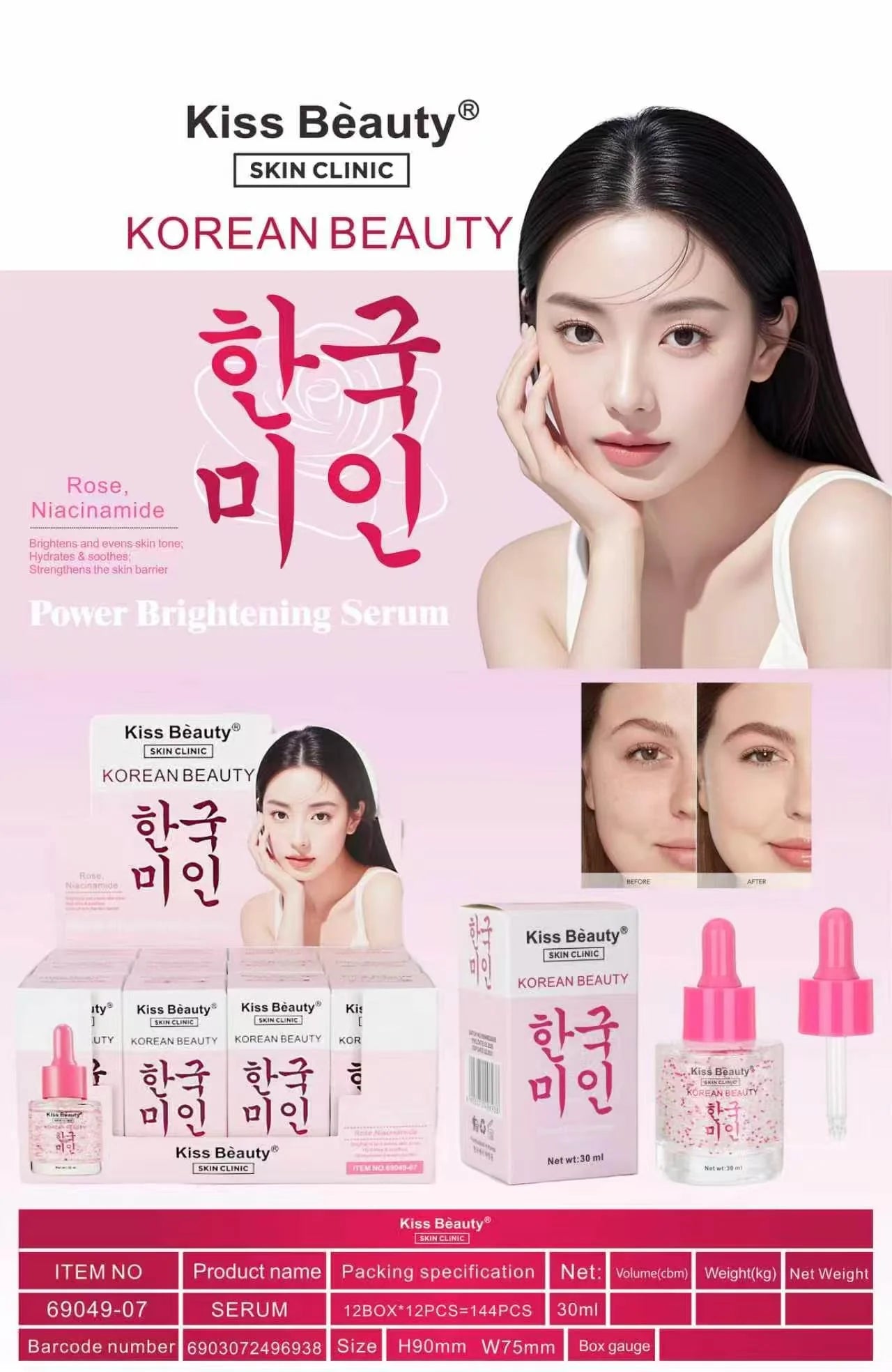 Sérum Facial Iluminadora Rosa y Niacinamida Coreana