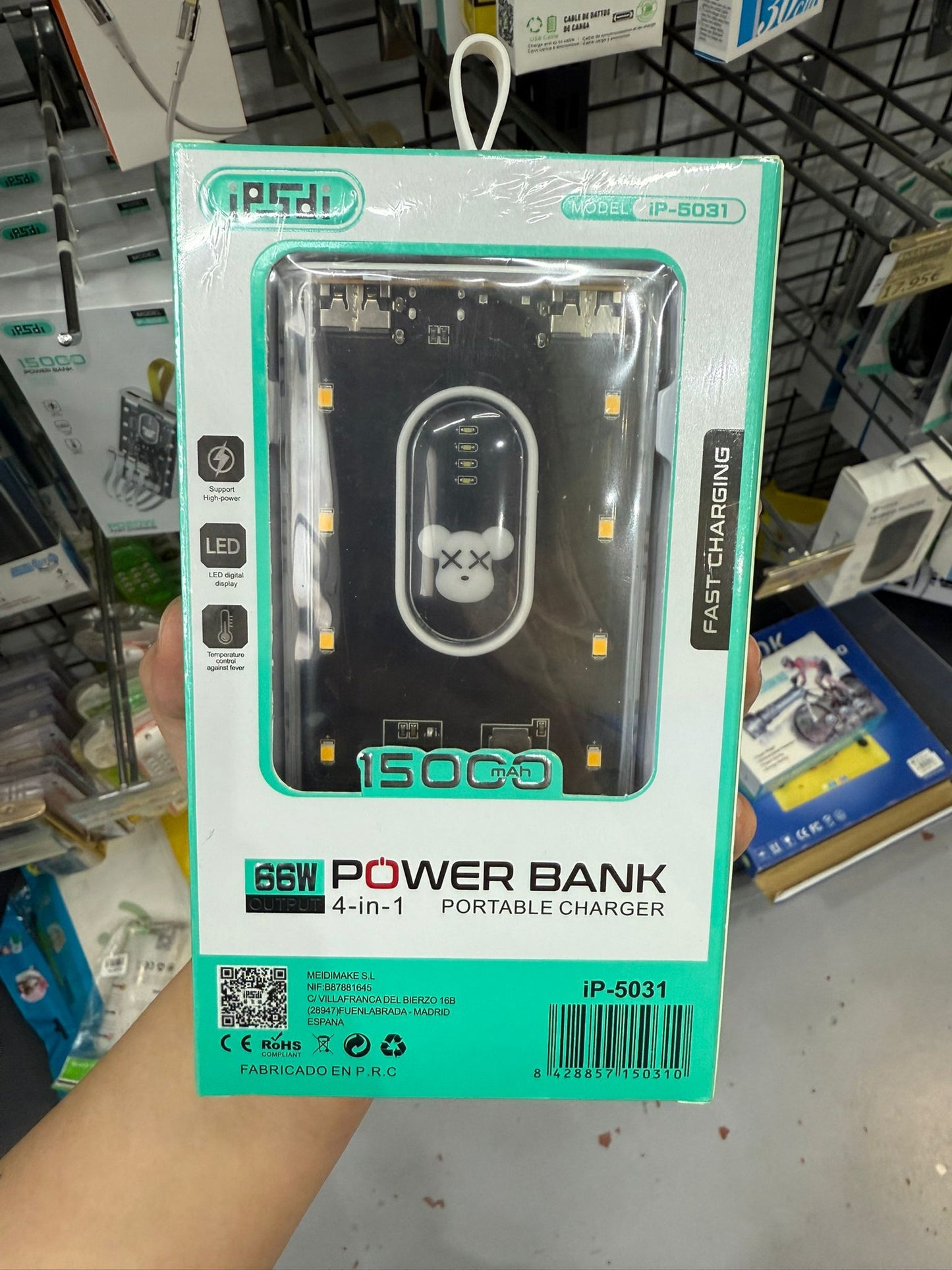 POWERBANK / CARGADOR PORTÁTIL 15000MAH 4IN1 CON CABLE INCORPORADO