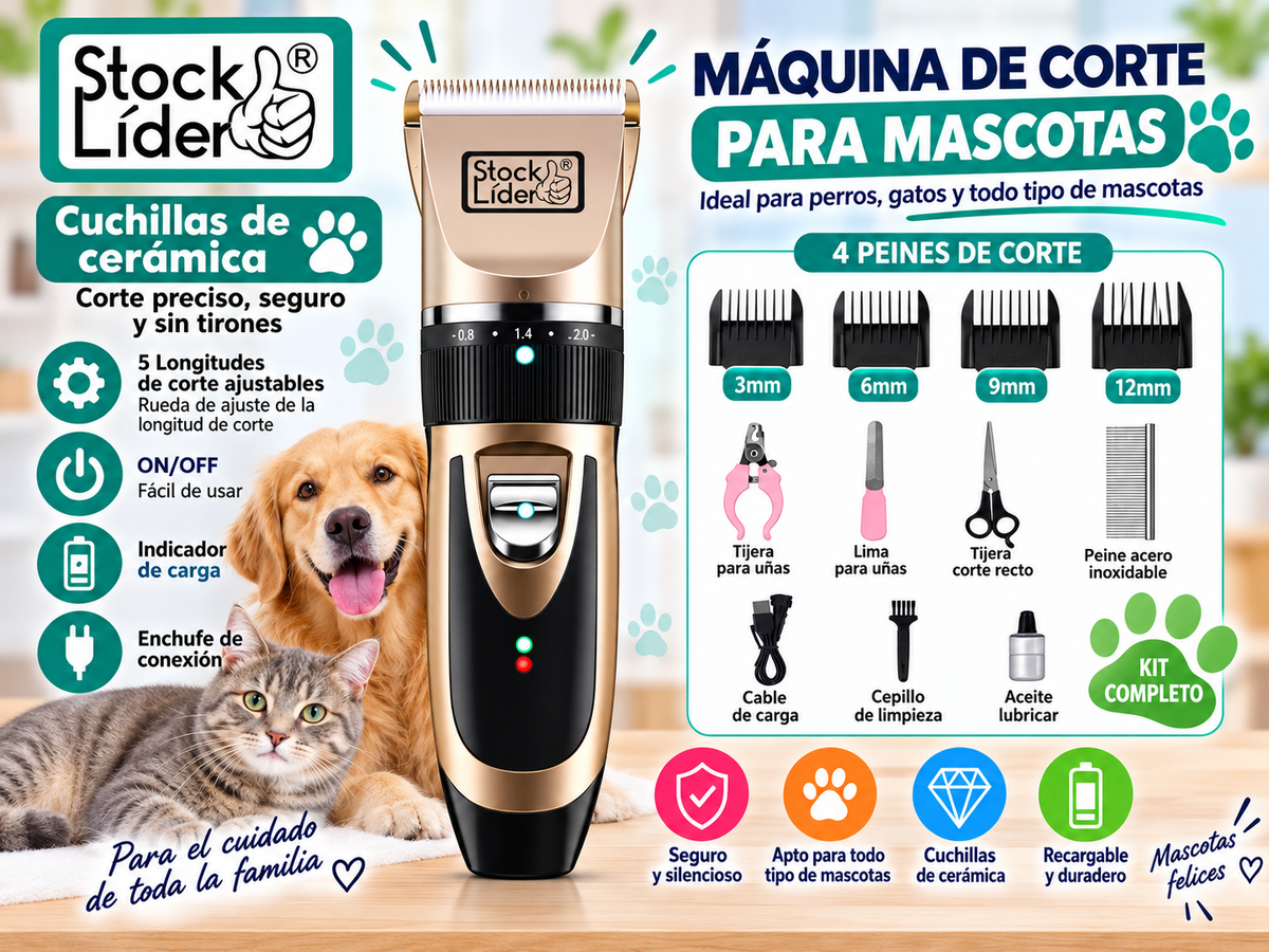 Máquina Corta pelo para Mascotas con Cuchillas Interchangeables y Carga USB para Cuidado de Pelo