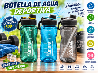 Botella de Agua Deportiva 1500ml con pajita y Medidas para Deporte Gimnasio Oficina y