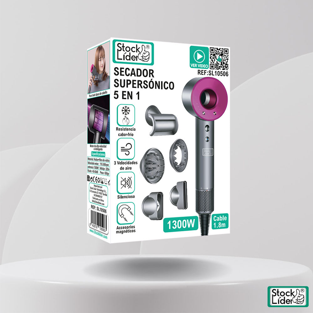 Secador Supersónico 5 en 1 1300W con 3 Velocidades de Aire y Accesorios Magnéticos