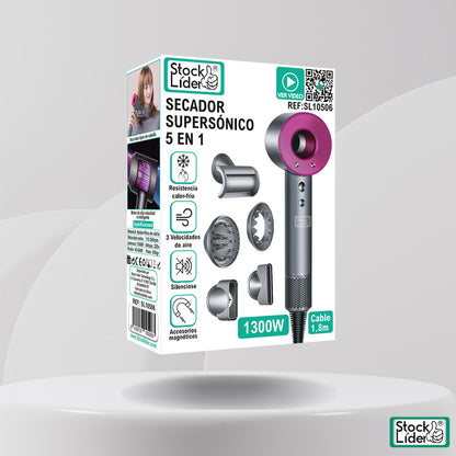 Secador Supersónico 5 en 1 1300W con 3 Velocidades de Aire y Accesorios Magnéticos