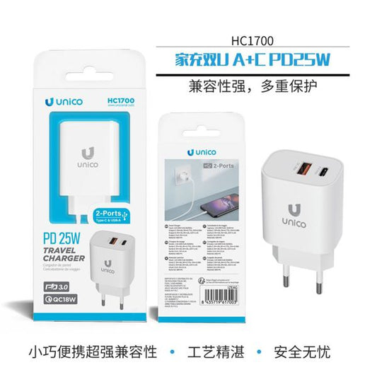 CARGADOR DE PARED 1USB + 1 USB-C 25W 3.0