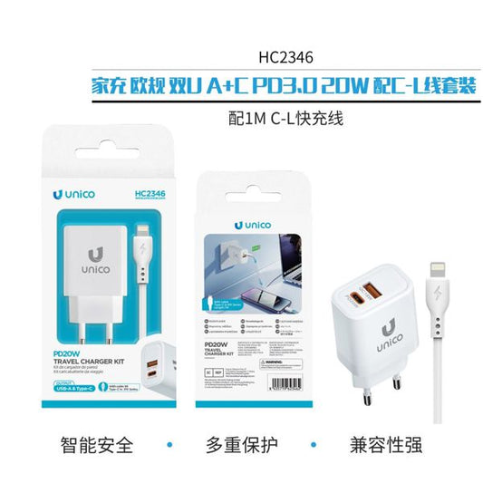 CARGADOR 2 PUERTOS TYPE-C PD20W CON CABLE TYPE-C A LIGHTNING