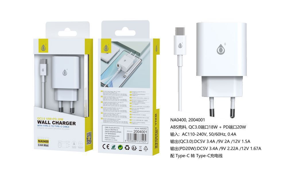 CARGADOR CON CABLE TYPE-C 20W 3.4A MAX