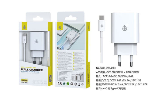CARGADOR CON CABLE TYPE-C 20W 3.4A MAX